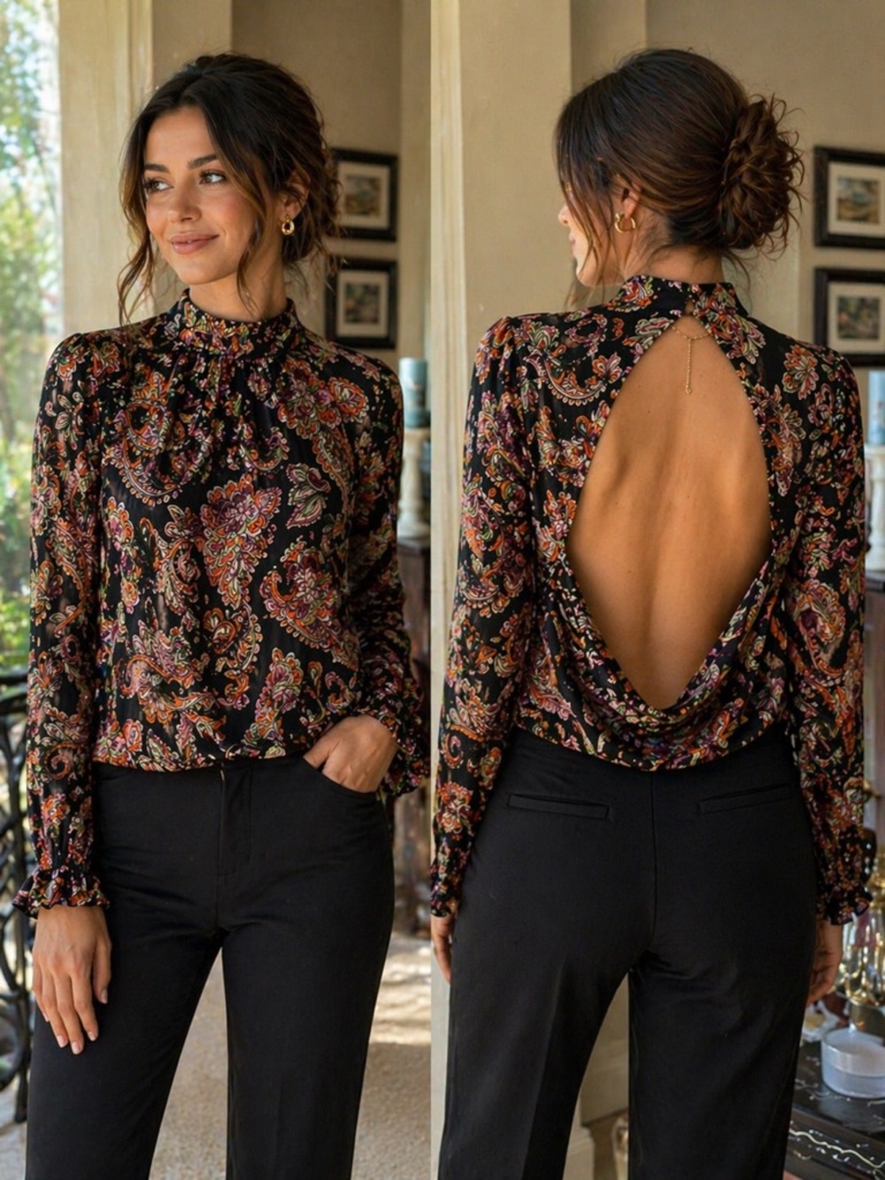 1.STATE PaisleyHigh Neck Open Back Blouse Size S Rich Black Boho Chic